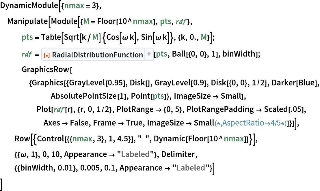 DynamicModule[{nmax = 3},
 Manipulate[
  Module[{M = Floor[10^nmax], pts, \[ScriptR]\[ScriptD]\[ScriptF]}, pts = Table[
     Sqrt[k/M] {Cos[\[Omega] k], Sin[\[Omega] k]}, {k, 0., M}];
   \[ScriptR]\[ScriptD]\[ScriptF] = ResourceFunction["RadialDistributionFunction"][pts, Ball[{0, 0}, 1], binWidth];
   GraphicsRow[{Graphics[{GrayLevel[0.95], Disk[], GrayLevel[0.9], Disk[{0, 0}, 1/2], Darker[Blue], AbsolutePointSize[1], Point[pts]}, ImageSize -> Small], Plot[\[ScriptR]\[ScriptD]\[ScriptF][r], {r, 0, 1/2}, PlotRange -> {0, 5}, PlotRangePadding -> Scaled[.05], Axes -> False, Frame -> True, ImageSize -> Small(*,AspectRatio->
      4/5*)]}]], Row[{Control[{{nmax, 3}, 1, 4.5}], "  ", Dynamic[Floor[10^nmax]]}], {{\[Omega], 1}, 0, 10, Appearance -> "Labeled"}, Delimiter, {{binWidth, 0.01}, 0.005, 0.1, Appearance -> "Labeled"}]
 ]