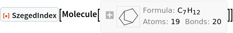 ResourceFunction["SzegedIndex"][
Molecule[{"C", "C", "C", "C", "C", "C", "C", "H", "H", "H", "H", "H", "H", "H", "H", "H", "H", "H", "H"}, {
Bond[{1, 2}, "Single"], 
Bond[{2, 3}, "Single"], 
Bond[{3, 4}, "Single"], 
Bond[{4, 5}, "Single"], 
Bond[{5, 6}, "Single"], 
Bond[{6, 7}, "Single"], 
Bond[{6, 1}, "Single"], 
Bond[{7, 3}, "Single"], 
Bond[{1, 8}, "Single"], 
Bond[{1, 9}, "Single"], 
Bond[{2, 10}, "Single"], 
Bond[{2, 11}, "Single"], 
Bond[{3, 12}, "Single"], 
Bond[{4, 13}, "Single"], 
Bond[{4, 14}, "Single"], 
Bond[{5, 15}, "Single"], 
Bond[{5, 16}, "Single"], 
Bond[{6, 17}, "Single"], 
Bond[{7, 18}, "Single"], 
Bond[{7, 19}, "Single"]}, {}]]