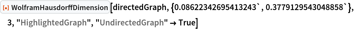 ResourceFunction[
 "WolframHausdorffDimension"][directedGraph, {0.08622342695413243`, 0.3779129543048858`}, 3, "HighlightedGraph", "UndirectedGraph" -> True]
