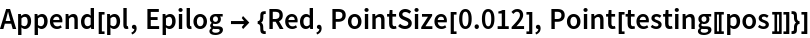 Append[pl, Epilog -> {Red, PointSize[0.012], Point[testing[[pos]]]}]