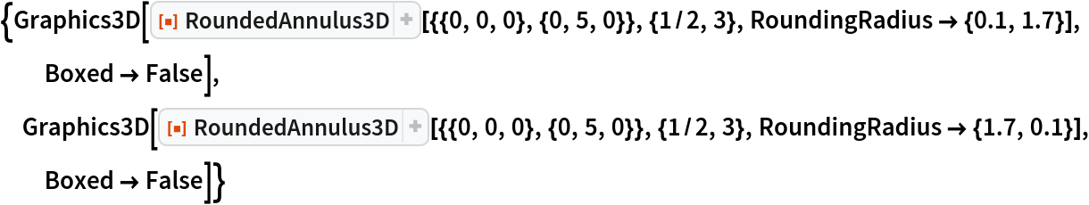 {Graphics3D[
  ResourceFunction[
   "RoundedAnnulus3D"][{{0, 0, 0}, {0, 5, 0}}, {1/2, 3}, RoundingRadius -> {0.1, 1.7}], Boxed -> False], Graphics3D[
  ResourceFunction[
   "RoundedAnnulus3D"][{{0, 0, 0}, {0, 5, 0}}, {1/2, 3}, RoundingRadius -> {1.7, 0.1}], Boxed -> False]}