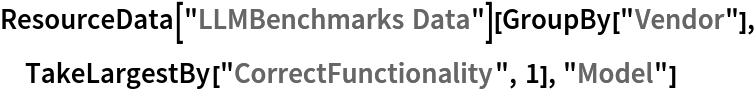 ResourceData[\!\(\*
TagBox["\"\<LLMBenchmarks Data\>\"",
#& ,
BoxID -> "ResourceTag-LLMBenchmarks Data-Input",
AutoDelete->True]\)][GroupBy["Vendor"], TakeLargestBy["CorrectFunctionality", 1], "Model"]