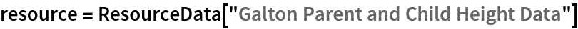 resource = ResourceData[\!\(\*
TagBox["\"\<Galton Parent and Child Height Data\>\"",
#& ,
BoxID -> "ResourceTag-Galton Parent and Child Height Data-Input",
AutoDelete->True]\)]