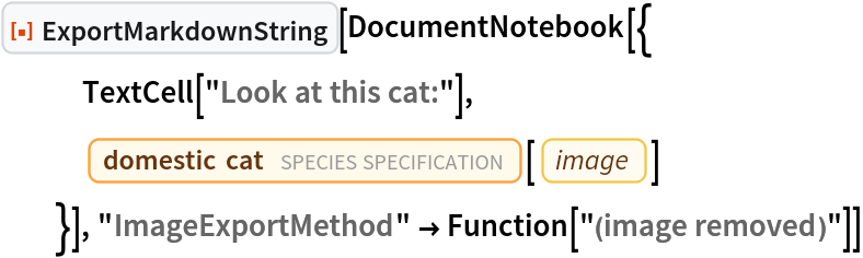 ResourceFunction["ExportMarkdownString"][DocumentNotebook[{
   TextCell["Look at this cat:"],
   Entity["TaxonomicSpecies", "FelisCatus::ddvt3"][
    EntityProperty["TaxonomicSpecies", "Image"]]
   }], "ImageExportMethod" -> Function["(image removed)"]]