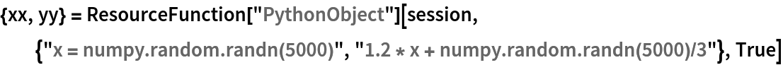 {xx, yy} = ResourceFunction["PythonObject"][
  session, {"x = numpy.random.randn(5000)", "1.2 * x + numpy.random.randn(5000)/3"}, True]