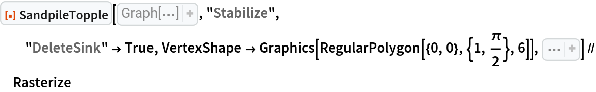 ResourceFunction["SandpileTopple"][
  Graph[{{0, 1}, {0, 2}, {0, 3}, {0, 4}, {0, 5}, {0, 6}, {0, 7}, {0, 8}, {0, 9}, {0, 10}, {0, 11}, {0, 12}, {0, 13}, {0, 14}, {0, 15}, {0, 16}, {0, 17}, {0, 18}, {0, 19}, {0, 20}, {0, 21}, {0, 22}, {0, 23}, {0, 24}, {0, 25}, {0, 26}, {0, 27}, {0, 28}, {0, 29}, {0, 30}, {0, 31}, {0, 32}, {0, 33}, {0, 34}, {0, 35}, {0, 36}, {0, 37}, {0, 38}, {0, 39}, {0, 40}, {0, 41}, {0, 42}, {0, 43}, {0, 44}, {0, 45}, {0, 46}, {0, 47}, {0, 48}, {0, 49}, {0, 50}, {0, 51}, {0, 52}, {0, 53}, {0, 54}, {0, 55}, {0, 56}, {0, 57}, {0, 58}, {0, 59}, {0, 60}, {0, 61}, {0, 62}, {0, 63}, {0, 64}, {0, 65}, {0, 66}, {0, 67}, {0, 68}, {0, 69}, {0, 70}, {0, 71}, {0, 72}, {0, 73}, {0, 74}, {0, 75}, {0, 76}, {0, 77}, {0, 78}, {0, 79}, {0, 80}, {0, 81}, {0, 82}, {0, 83}, {0, 84}, {0, 85}, {0, 86}, {0, 87}, {0, 88}, {0, 89}, {0, 90}, {0, 91}, {0, 92}, {0, 93}, {0, 94}, {0, 95}, {0, 96}, {0, 97}, {0, 98}, {0, 99}, {0, 100}, {0, 101}, {0, 102}, {0, 103}, {0, 104}, {0, 105}, {
    0, 106}, {0, 107}, {0, 108}, {0, 109}, {0, 110}, {0, 111}, {0, 112}, {0, 113}, {0, 114}, {0, 115}, {0, 116}, {0, 117}, {0, 118}, {0, 119}, {0, 120}, {0, 121}, {0, 122}, {0, 123}, {0, 124}, {0, 125}, {0, 126}, {0, 127}, {0, 128}, {0, 129}, {0, 130}, {0, 131}, {0, 132}, {0, 133}, {0, 134}, {0, 135}, {0, 136}, {0, 137}, {0, 138}, {0, 139}, {0, 140}, {0, 141}, {0, 142}, {0, 143}, {0, 144}, {0, 145}, {0, 146}, {0, 147}, {0, 148}, {0, 149}, {0, 150}, {0, 151}, {0, 152}, {0, 153}, {0, 154}, {0, 155}, {0, 156}, {0, 157}, {0, 158}, {0, 159}, {0, 160}, {0, 161}, {0, 162}, {0, 163}, {0, 164}, {0, 165}, {0, 166}, {0, 167}, {0, 168}, {0, 169}, {0, 170}, {0, 171}, {0, 172}, {0, 173}, {0, 174}, {0, 175}, {0, 176}, {0, 177}, {0, 178}, {0, 179}, {0, 180}, {0, 181}, {0, 182}, {0, 183}, {0, 184}, {0, 185}, {0, 186}, {0, 187}, {0, 188}, {0, 189}, {0, 190}, {0, 191}, {0, 192}, {0, 193}, {0, 194}, {0, 195}, {0, 196}, {0, 197}, {0, 198}, {0, 199}, {0, 200}, {0, 201}, {0, 202}, {0, 203}, {0, 204}, {0, 205}, {0, 206}, {0, 207}, {0, 208}, {0, 209}, {0, 210}, {0, 211}, {0, 212}, {0, 213}, {0, 214}, {0, 215}, {0, 216}, {0, 217}, {0, 218}, {0, 219}, {0, 220}, {0, 221}, {0, 222}, {0, 223}, {0, 224}, {0, 225}, {0, 226}, {0, 227}, {0, 228}, {0, 229}, {0, 230}, {0, 231}, {0, 232}, {0, 233}, {0, 234}, {0, 235}, {0, 236}, {0, 237}, {0, 238}, {0, 239}, {0, 240}, {0, 241}, {0, 242}, {0, 243}, {0, 244}, {0, 245}, {0, 246}, {0, 247}, {0, 248}, {0, 249}, {0, 250}, {0, 251}, {0, 252}, {0, 253}, {0, 254}, {0, 255}, {0, 256}, {0, 257}, {0, 258}, {0, 259}, {0, 260}, {0, 261}, {0, 262}, {0, 263}, {0, 264}, {0, 265}, {0, 266}, {0, 267}, {0, 268}, {0, 269}, {0, 270}, {0, 271}, {0, 272}, {0, 273}, {0, 274}, {0, 275}, {0, 276}, {0, 277}, {0, 278}, {0, 279}, {0, 280}, {0, 281}, {0, 282}, {0, 283}, {0, 284}, {0, 285}, {0, 286}, {0, 287}, {0, 288}, {0, 289}, {0, 290}, {0, 291}, {0, 292}, {0, 293}, {0, 294}, {0, 295}, {0, 296}, {0, 297}, {0, 298}, {0, 299}, {0, 300}, {0, 301}, {0, 302}, {0, 303}, {0, 304}, {0, 305}, {0, 306}, {0, 307}, {0, 308}, {0, 309}, {0, 310}, {0, 311}, {0, 312}, {0, 313}, {0, 314}, {0, 315}, {0, 316}, {0, 317}, {0, 318}, {0, 319}, {0, 320}, {0, 321}, {0, 322}, {0, 323}, {0, 324}, {0, 325}, {0, 326}, {0, 327}, {0, 328}, {0, 329}, {0, 330}, {0, 331}, {0, 332}, {0, 333}, {0, 334}, {0, 335}, {0, 336}, {0, 337}, {0, 338}, {0, 339}, {0, 340}, {0, 341}, {0, 342}, {0, 343}, {0, 344}, {0, 345}, {0, 346}, {0, 347}, {0, 348}, {0, 349}, {0, 350}, {0, 351}, {0, 352}, {0, 353}, {0, 354}, {0, 355}, {0, 356}, {0, 357}, {0, 358}, {0, 359}, {0, 360}, {0, 361}, {0, 362}, {0, 363}, {0, 364}, {0, 365}, {0, 366}, 0}, {Null, SparseArray[
    Automatic, {367, 367}, 0, {1, {CompressedData["
1:eJxN0nlsD3YYB+AfNZlpsJkhSBFmzdxHgxSpuKo065qWLWiUxV1krjiCqSuu
ippV2mzdOltdoZsraEhF41obV4MmBMFSQdhCSMTT5PuHN+/z+f/N+2mXOfvr
rDqRSGRObZgo6vMhDYmmEZ/wKZ/RnJa0IYa2QQc6EUtnutCNHvSiN3H0J54B
QQJDGEYiIxlFMl+RQipppAffMp4MMpnEd0xjBrPIqr2LeSxgYbCYpSxnBT+Q
zRrWsp5NbCEnyGUHeeRTwM8U8htF7OJPioN9HKCEQxzmKCco5RSnKaOcc5wP
LlHBZa5wjSpucJNq7nCXe8EDHlHDY57wjOe84H9e8ip4w1sifh9FPerzEdE0
ojEf04zmtAhaE0M7OtCRTsTyJZ3pSk960yfoRzwDSWAwQxjGCBJJYjTJQQqp
pDOGbxhPBhPJZDJTmc6MoLbYtb3+nnksYBGLWcIyVrKK7GAdG9hEDlvZxnZ2
8BM7yacgKKSIXRSzm70coIS/OcQRjnOS0uA0ZZylnHNc4BL/UMlVrlMV3KSa
29zhLvd5wEP+pYbHwVOe8x8vecVr3hKpa4niAxrQkOigCU1pRgta0oo2xNCW
9nzOF8QGXehOT/oQR1/6E88ABpHA4GAowxlJEqNJIZU00hnLOCaQEWQymSlM
ZTozyWI2c5nPQhYFS1nOSrJZzVrWs4GNbCaHrUEuP5LHTvL5hV8p4nf+YA/7
2B8c5C8Oc4RjHOckpZziDGcpD85zkQoqucxVrlPFDW5R/Z53HRK2hA==
"], CompressedData["
1:eJxN1nlwjVcYx/F7Y4sQWy0hJIJGUhJbQqKEECkSEkmJlJiIxBKSaFGl08Wg
o0ZXRjvdSNHSaWNCWyWGTksrqkNrLGNrqQ5aWlrG0mnT3+N+35nzx8fze57z
5pwzr3tFVFFFTnmQz+c7oz/8qpbrSYU/UOtLAzSkBksIfag0Z9ZY2ko7cgia
oBnPhpK7yYPO3LSUVjJQHiY/IK3RhmrnhNGHSyfODUN7dGQtnBwjsc7cREpn
mSbF5Cjpgq5Uu280ve3zEPePRnfEsuZV01Pi5AP5kBwvvdCb2lcS6AdIMrN+
MkSGkhOQiCSeHUAeI2OdeTLvc5AMRgrV9k2lT5N0zknFMIxgLY08TnKcuRkp
o2SuPE4eLRnIpNr9suhtn1zum4Vs5LDmVTNeJtjfkz6jUf5AzpOJyKdOkgL6
QiliNllmyixyAaZgKs8WkhfIk87c2OekRKZjBtX2LaUvkwrOKcVslLNWRl4k
i515Be/vCZmH+VS7z0J6+7mnud9CPIXFrHnVPCPP+gLfb6vPyfNYQl0qy+lX
yEpmy+Q1eZ28HC/gRZ5dQV4n6525WSUvyafyGflleQWvUu2c1fRr5U3OXY01
eIO1teQNstGZm7fkbTkr58jvyLt4j2r3raS3fTZx/0q8j42sedXYd3qzbMFH
1I+lir5atjP7RHbKLnIVtmIbz1aTv5UDznw77+9z2YEvqLZvDf0e+ZJzarAb
e1nbQ/5ODjlz85V8Lb/J7+R9sh/fUO1+tfS2z/fctxYHcYg1r5rDckRG6jM5
yh/IP8iPOEo9JifoT8kZZsflgvxCPoGTOM2zp8h/ynVnbuxz8ZP8jPNU2/ci
/SW5wjkX8Ssus3aJ/LfcdOZXeH9X5Rr+oNp9btDbz93ifjfwF26y5lVzW+74
At9nq3flHv6h/it19EF6rr4/MPtPmig39QdyHe7/R8B+//NsELm9dHDmpqE0
knjpRQ6Wxgih2jmh9C2kFeeGohlastaC3EkinLlpLW3s333JI7eVdgij2n3D
6W2fSO4fjo6IYM2rkfxe6SJd0Y0aLTH0PSSOWXfpJwnkGMSiJ8/2IKfKMGce
x/vrLX3Ql2r7JtInyUDOSUR/JLOWRB4h6c7cDJLBMk2KySkyBEOpdr/h9LbP
I9x3ONKQzppXjX2HR0sGMqljJZs+V8Yzy5JJMpmcjXF4lGdzyTNlljM39jmY
KPl4jGr7FtAXShHnFGAKprJWSJ4jZc68iPdVItMxg2r3KaW3nyvnfqWYjTLW
vGr+B3G2NYE=
"]}, CompressedData["
1:eJxTTMoPSmJkYGC4w8TAwMjIxDgywUj098jyMwBqqAVl
"]}]}, {FormatType -> TraditionalForm, ImageSize -> {216.125, Automatic}, GraphLayout -> {"Dimension" -> 2}, VertexCoordinates -> CompressedData["
1:eJxtlz+IFFccx9eAjSSFBBvBwiKQJrEMVg8UG1EJBsQuRJMyiKCINl6hjTZn
k8bGKogWXrEJB0o8j+VuOZfL7b/Z3ZnZP/Pm387M7l0IgRAtkic3M/D7bK45
Pvf9/Xm/937v9+aOX7l28YePKpXKtQOVyoff///zREleVs/OXZ7e+fVx/vcV
6E+hP8n5ec5rsF8Fv4J/FbyKeCs5v1RF/qWTp75069XSX/IK/HeQvwHeRv46
9C3oDcSvwX4d9hvgGvzrqG8L9WyA6wv7vc9vVbG/R06ff/hcFXWsg1fzeLXS
X3INXFXpia+aH198g/N5WeaT+hr0Deg16OvQJ9jPEXiM/XShD6GPsF992Nvg
AfwdsI14LuoZ4rwcsAv/FvI3ka8DvQ29hXgW7Huw74It+HdQTxvr74I7C/sr
+3GA/uuBbfRbH2yBHfSLjfUOoPehd6Fb0HvQd3LdyXlbjTdbJz99P1DFeUlu
5PX1S3/JLXA9r6845y119rdN9/Q9q4wn9W3oO9A74DbsW9Cb0NeVunT1zNkv
fsd9fVvy/v40y/st7euw31C/VF/dvfFJu6xPch3xGuAdxGuAt5F/C9wDW/C3
kK8L+w7su1h/G9xBvNYCy3hN5GuD/8B93pO8tIf7vAt9F/oe7usM8efwn0n/
pTnizRFvV94nk1/MC+Mv58cu/KdYT4L1TJE/hZ5ATxA/g32G+lL4Z/BPUV+C
+lLUly7stzh/s79iHpr1yPk4x/ybgTPJZn/l/JpjvTPoM+gp9Ax6Bt3Dfk6w
fxq6B93D/gQ4fx/+Ps5LI56PeBrr93BeGuel4R8jf4x8EfQIeox4IewD1BPC
P4R/hHoi1BOinmhhf2X/+ei/AP3no98CcIj+0+gPH+v1oQfQQ+gh9AB6MQ/y
99nMB/Eem/OS73OC93cKjsGpfC/NfZfvZQJ9Cn2K9zaCfQT7GHosdXP/5PuQ
yfOsZPK9MfdZ2qc4/1S+X6Y++Z6leL8S8BT5E8SfyvwmvuQA6wsRL0Q9Iewj
5AtRT4R6Iqw/XmAZL8Z6I+Qv5l3xrozVmQdHDm/283fJzEPB5v+R/X5MSn/J
HtjN+7F4F4fqzsHlK98eS8p4Uh9Dn0DXks08lPYe9An04vu8mNMDFb6/d3D5
52Ku2dDtvH+LOenA3oW9o14sHar+/V1c1ivZRbwReIJ4I/AY+YfgQNqbeSV1
H/F8md/MP2mvEU/Lesz+y/o06vEWWMabyHwmnszfVDebw5/09WHOLTkvDe/3
8zjnNuw7sC++b73S/v6Pf/1z+Ubxf3sX3EF8C9xHfAvcw3q64J46euvfS59n
xXfCAGzl998v80m2wV319Z+3n66d0KW/rLcHvQ/dBTuwt6EPoE9Q/wg8Rv0u
9CH0Efbbhv0A9g7Yhv8Q5+uAXWlv5qeMFyN/DPsI9hHsI7l/xl7kN/NfrifC
+kNwgPghvicCuR4TX3Ig+83MC9l/IforAPuSTXzZDyHqDaAH6CcNew17H7oP
3UP9E5yHhu5B97C/Pux97J+Gv49+8HC+GuerS/tvPvveOmDuz6PX7y7cv91S
/wErCwex
"], VertexWeight -> {4, 4, 4, 4, 4, 4, 4, 4, 4, 4, 4, 4, 4, 4, 4, 4, 4, 4, 4, 4, 4, 4, 4, 4, 4, 4, 4, 4, 4, 4, 4, 4, 4, 4, 4, 4, 4, 4, 4, 4, 4, 4, 4, 4, 4, 4, 4, 4, 4, 4, 4, 4, 4, 4, 4, 4, 4, 4, 4, 4, 4, 4, 4, 4, 4, 4, 4, 4, 4, 4, 4, 4, 4, 4, 4, 4, 4, 4, 4, 4, 4, 4, 4, 4, 4, 4, 4, 4, 4, 4, 4, 4, 4, 4, 4, 4, 4, 4, 4, 4, 4, 4, 4, 4, 4, 4, 4, 4, 4, 4, 4, 4, 4, 4, 4, 4, 4, 4, 4, 4, 4, 4, 4, 4, 4, 4, 4, 4, 4, 4, 4, 4, 4, 4, 4, 4, 4, 4, 4, 4, 4, 4, 4, 4, 4, 4, 4, 4, 4, 4, 4, 4, 4, 4, 4, 4, 4, 4, 4, 4, 4, 4, 4, 4, 4, 4, 4, 4, 4, 4, 4, 4, 4, 4, 4, 4, 4, 4, 4, 4, 4, 4, 4, 4, 4, 4, 4, 4, 4, 4, 4, 4, 4, 4, 4, 4, 4, 4, 4, 4, 4, 4, 4, 4, 4, 4, 4, 4, 4, 4, 4, 4, 4, 4, 4, 4, 4, 4, 4, 4, 4, 4, 4, 4, 4, 4, 4, 4, 4, 4, 4, 4, 4, 4, 4, 4, 4, 4, 4, 4, 4, 4, 4, 4, 4, 4, 4, 4, 4, 4, 4, 4, 4, 4, 4, 4, 4, 4, 4, 4, 4, 4, 4, 4, 4, 4, 4, 4, 4, 4, 4, 4, 4, 4, 4, 4, 4, 4, 4, 4, 4, 4, 4, 4, 4, 4, 4, 4, 4, 4, 4, 4, 4, 4, 4, 4, 4, 4, 4, 4, 4, 4, 4, 4, 4, 4, 4, 4, 4, 4, 4, 4, 4, 4, 4, 4, 4, 4, 4, 4, 4, 4, 4, 4, 4, 4, 4, 4, 4, 4, 4, 4, 4, 4, 4, 4, 4, 4, 4, 4, 4, 4, 4, 4, 4, 4, 4, 4, 4, 4, 4, 4, 4, 4, 4, 4, 4, 4, 4, 4, 4, 4, 4, 4, 4, 4, "sink"}}], "Stabilize",
  "DeleteSink" -> True, VertexShape -> Graphics[RegularPolygon[{0, 0}, {1, \[Pi]/2}, 6]], Sequence[VertexSize -> 1.1, ImageSize -> Small]] // Rasterize