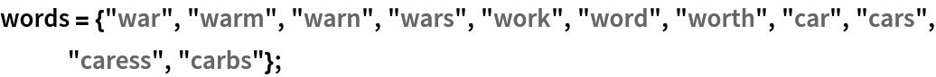 words = {"war", "warm", "warn", "wars", "work", "word", "worth", "car", "cars", "caress", "carbs"};