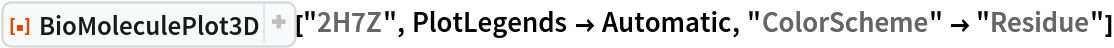 ResourceFunction[
 "BioMoleculePlot3D", ResourceSystemBase -> "https://www.wolframcloud.com/obj/resourcesystem/api/1.0"]["2H7Z", PlotLegends -> Automatic, "ColorScheme" -> "Residue"]