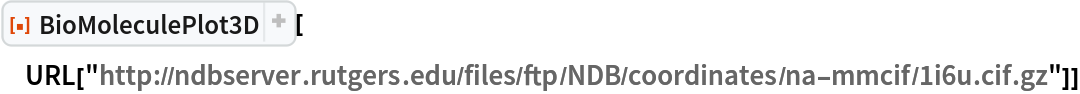 ResourceFunction[
 "BioMoleculePlot3D", ResourceSystemBase -> "https://www.wolframcloud.com/obj/resourcesystem/api/1.0"][
 URL["http://ndbserver.rutgers.edu/files/ftp/NDB/coordinates/na-mmcif/1i6u.cif.gz"]]