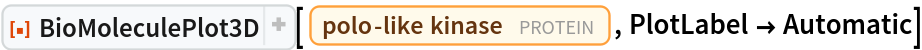 ResourceFunction[
 "BioMoleculePlot3D", ResourceSystemBase -> "https://www.wolframcloud.com/obj/resourcesystem/api/1.0"][Entity["Protein", "PLK1"], PlotLabel -> Automatic]