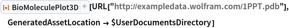 ResourceFunction[
 "BioMoleculePlot3D", ResourceSystemBase -> "https://www.wolframcloud.com/obj/resourcesystem/api/1.0"][
 URL["http://exampledata.wolfram.com/1PPT.pdb"], GeneratedAssetLocation -> $UserDocumentsDirectory]