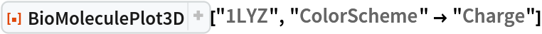 ResourceFunction[
 "BioMoleculePlot3D", ResourceSystemBase -> "https://www.wolframcloud.com/obj/resourcesystem/api/1.0"]["1LYZ", "ColorScheme" -> "Charge"]