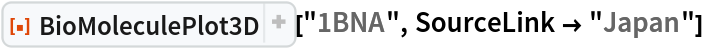 ResourceFunction[
 "BioMoleculePlot3D", ResourceSystemBase -> "https://www.wolframcloud.com/obj/resourcesystem/api/1.0"]["1BNA", SourceLink -> "Japan"]