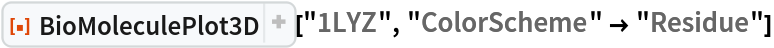 ResourceFunction[
 "BioMoleculePlot3D", ResourceSystemBase -> "https://www.wolframcloud.com/obj/resourcesystem/api/1.0"]["1LYZ", "ColorScheme" -> "Residue"]