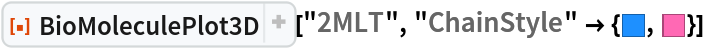 ResourceFunction[
 "BioMoleculePlot3D", ResourceSystemBase -> "https://www.wolframcloud.com/obj/resourcesystem/api/1.0"]["2MLT", "ChainStyle" -> {RGBColor[0.117603, 0.564699, 1.], RGBColor[
   1., 0.411802, 0.705893]}]