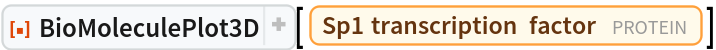 ResourceFunction[
 "BioMoleculePlot3D", ResourceSystemBase -> "https://www.wolframcloud.com/obj/resourcesystem/api/1.0"][Entity["Protein", "SP1"]]