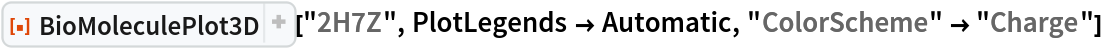 ResourceFunction[
 "BioMoleculePlot3D", ResourceSystemBase -> "https://www.wolframcloud.com/obj/resourcesystem/api/1.0"]["2H7Z", PlotLegends -> Automatic, "ColorScheme" -> "Charge"]