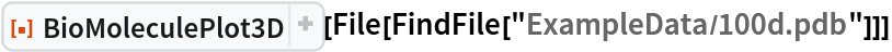 ResourceFunction[
 "BioMoleculePlot3D", ResourceSystemBase -> "https://www.wolframcloud.com/obj/resourcesystem/api/1.0"][File[FindFile["ExampleData/100d.pdb"]]]