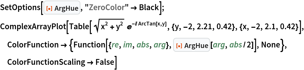 SetOptions[ResourceFunction["ArgHue"], "ZeroColor" -> Black];
ComplexArrayPlot[
 Table[Sqrt[x^2 + y^2] E^(-I ArcTan[x, y]), {y, -2, 2.21, 0.42}, {x, -2, 2.1, 0.42}], ColorFunction -> {Function[{re, im, abs, arg}, ResourceFunction["ArgHue"][arg, abs/2]], None}, ColorFunctionScaling -> False]