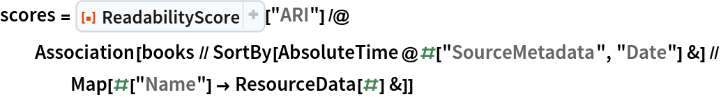 scores = ResourceFunction["ReadabilityScore"]["ARI"] /@ Association[
   books // SortBy[AbsoluteTime@#["SourceMetadata", "Date"] &] // Map[#["Name"] -> ResourceData[#] &]]