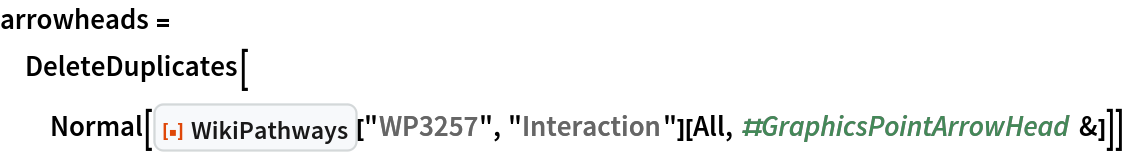 arrowheads = DeleteDuplicates[
  Normal[ResourceFunction["WikiPathways"]["WP3257", "Interaction"][
    All, #GraphicsPointArrowHead &]]]