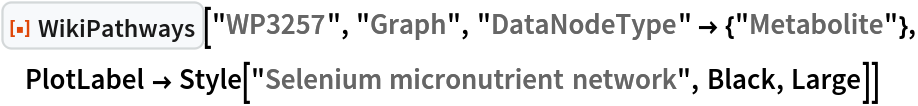 ResourceFunction["WikiPathways"]["WP3257", "Graph", "DataNodeType" -> {"Metabolite"}, PlotLabel -> Style["Selenium micronutrient network", Black, Large]]