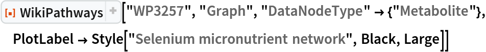 ResourceFunction["WikiPathways", ResourceVersion->"1.1.1", ResourceSystemBase -> "https://www.wolframcloud.com/obj/resourcesystem/api/1.0"]["WP3257", "Graph", "DataNodeType" -> {"Metabolite"}, PlotLabel -> Style["Selenium micronutrient network", Black, Large]]