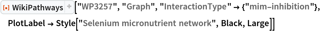 ResourceFunction["WikiPathways", ResourceVersion->"1.1.1", ResourceSystemBase -> "https://www.wolframcloud.com/obj/resourcesystem/api/1.0"]["WP3257", "Graph", "InteractionType" -> {"mim-inhibition"}, PlotLabel -> Style["Selenium micronutrient network", Black, Large]]