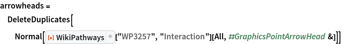 arrowheads = DeleteDuplicates[
  Normal[ResourceFunction["WikiPathways", ResourceVersion->"1.1.1", ResourceSystemBase -> "https://www.wolframcloud.com/obj/resourcesystem/api/1.0"]["WP3257", "Interaction"][
    All, #GraphicsPointArrowHead &]]]