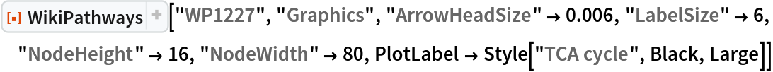 ResourceFunction["WikiPathways", ResourceVersion->"1.1.1", ResourceSystemBase -> "https://www.wolframcloud.com/obj/resourcesystem/api/1.0"]["WP1227", "Graphics", "ArrowHeadSize" -> 0.006, "LabelSize" -> 6, "NodeHeight" -> 16, "NodeWidth" -> 80, PlotLabel -> Style["TCA cycle", Black, Large]]