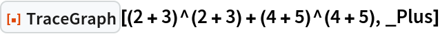 ResourceFunction[
 "TraceGraph"][(2 + 3)^(2 + 3) + (4 + 5)^(4 + 5), _Plus]