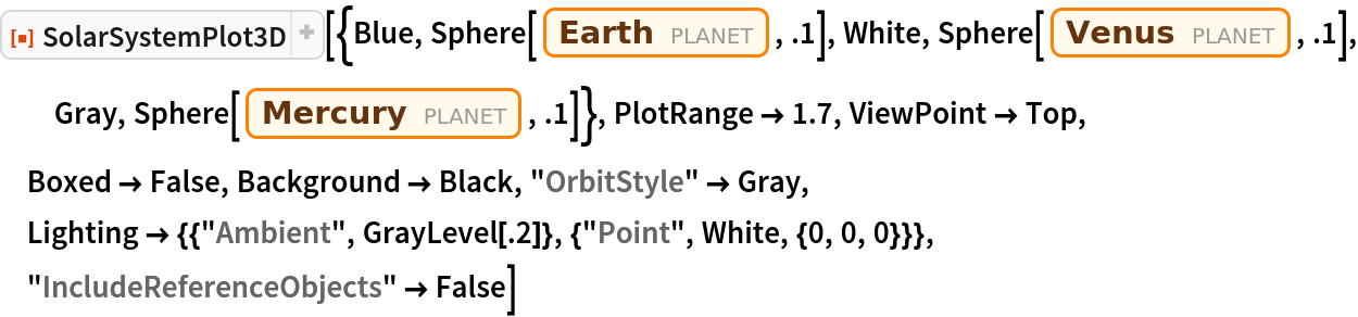 ResourceFunction["SolarSystemPlot3D", ResourceVersion->"5.1.1"][{Blue, Sphere[Entity["Planet", "Earth"], .1], White, Sphere[Entity["Planet", "Venus"], .1], Gray, Sphere[Entity["Planet", "Mercury"], .1]}, PlotRange -> 1.7, ViewPoint -> Top, Boxed -> False, Background -> Black, "OrbitStyle" -> Gray, Lighting -> {{"Ambient", GrayLevel[.2]}, {"Point", White, {0, 0, 0}}}, "IncludeReferenceObjects" -> False]