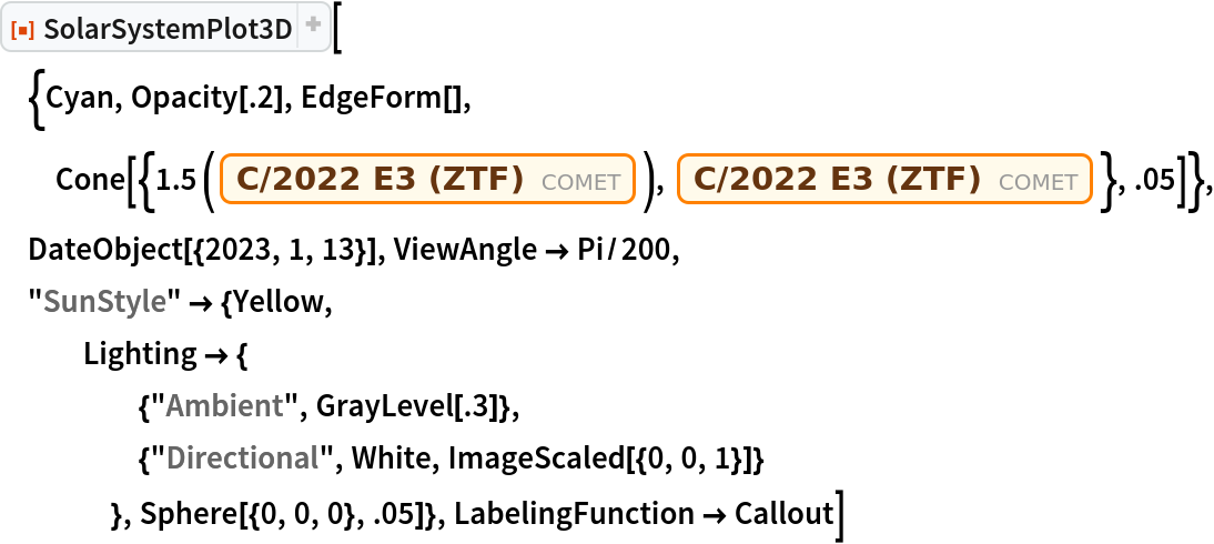 ResourceFunction["SolarSystemPlot3D", ResourceVersion->"5.1.1"][{Cyan, Opacity[.2], EdgeForm[], Cone[{1.5 (Entity["Comet", "CometC2022E3ZTF"]), Entity["Comet", "CometC2022E3ZTF"]}, .05]}, DateObject[{2023, 1, 13}], ViewAngle -> Pi/200,
 "SunStyle" -> {Yellow,
   Lighting -> {
     {"Ambient", GrayLevel[.3]},
     {"Directional", White, ImageScaled[{0, 0, 1}]}
     }, Sphere[{0, 0, 0}, .05]}, LabelingFunction -> Callout]