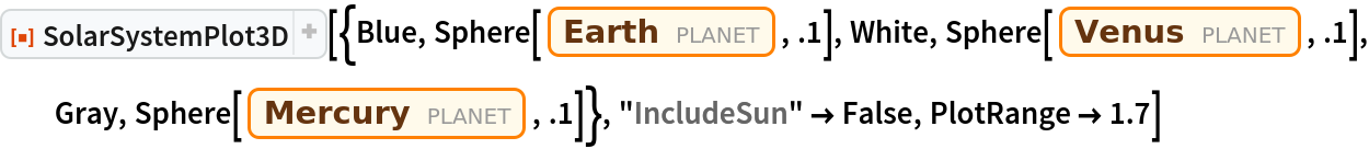 ResourceFunction["SolarSystemPlot3D", ResourceVersion->"5.1.1"][{Blue, Sphere[Entity["Planet", "Earth"], .1], White, Sphere[Entity["Planet", "Venus"], .1], Gray, Sphere[Entity["Planet", "Mercury"], .1]}, "IncludeSun" -> False, PlotRange -> 1.7]