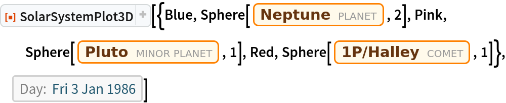 ResourceFunction["SolarSystemPlot3D", ResourceVersion->"5.1.1"][{Blue, Sphere[Entity["Planet", "Neptune"], 2], Pink, Sphere[Entity["MinorPlanet", "Pluto"], 1], Red, Sphere[Entity["Comet", "Comet1PHalley"], 1]}, DateObject[{1986, 1, 3}, "Day", "Gregorian", -6.`]]