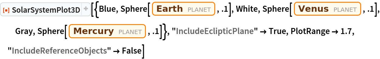 ResourceFunction["SolarSystemPlot3D", ResourceVersion->"5.1.1"][{Blue, Sphere[Entity["Planet", "Earth"], .1], White, Sphere[Entity["Planet", "Venus"], .1], Gray, Sphere[Entity["Planet", "Mercury"], .1]}, "IncludeEclipticPlane" -> True, PlotRange -> 1.7, "IncludeReferenceObjects" -> False]