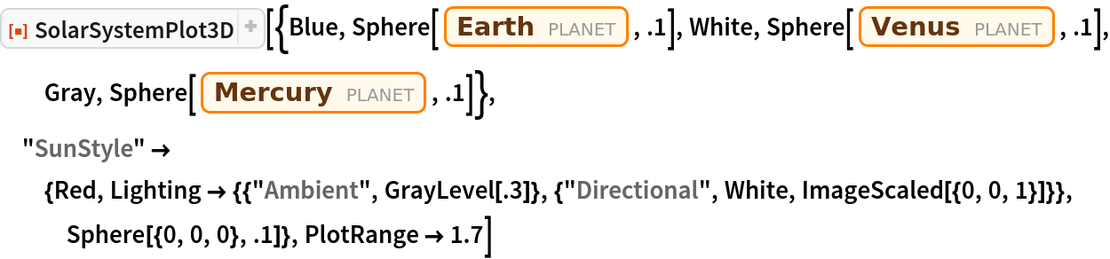 ResourceFunction["SolarSystemPlot3D", ResourceVersion->"5.1.1"][{Blue, Sphere[Entity["Planet", "Earth"], .1], White, Sphere[Entity["Planet", "Venus"], .1], Gray, Sphere[Entity["Planet", "Mercury"], .1]}, "SunStyle" -> {Red, Lighting -> {{"Ambient", GrayLevel[.3]}, {"Directional", White, ImageScaled[{0, 0, 1}]}}, Sphere[{0, 0, 0}, .1]}, PlotRange -> 1.7]