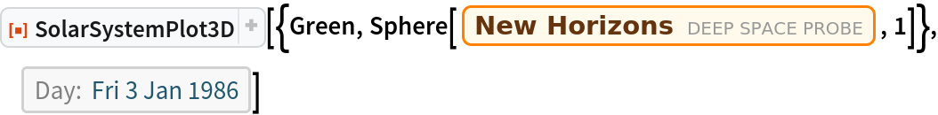 ResourceFunction["SolarSystemPlot3D", ResourceVersion->"5.1.1"][{Green, Sphere[Entity["DeepSpaceProbe", "NEWHorizons"], 1]}, DateObject[{1986, 1, 3}, "Day", "Gregorian", -6.`]]