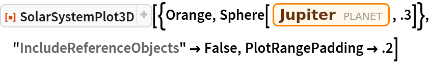 ResourceFunction["SolarSystemPlot3D", ResourceVersion->"5.1.1"][{Orange, Sphere[Entity["Planet", "Jupiter"], .3]}, "IncludeReferenceObjects" -> False, PlotRangePadding -> .2]