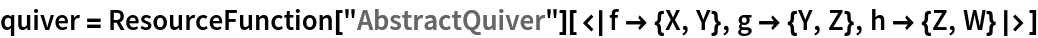 quiver = ResourceFunction["AbstractQuiver"][<|f -> {X, Y}, g -> {Y, Z}, h -> {Z, W}|>]