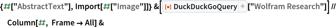 {#["AbstractText"], Import[#["Image"]]} &[
  ResourceFunction["DuckDuckGoQuery"]["Wolfram Research"]] // Column[#, Frame -> All] &