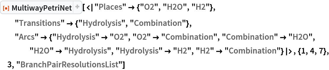 ResourceFunction[
 "MultiwayPetriNet"][<|"Places" -> {"O2", "H2O", "H2"}, "Transitions" -> {"Hydrolysis", "Combination"}, "Arcs" -> {"Hydrolysis" -> "O2", "O2" -> "Combination", "Combination" -> "H2O", "H2O" -> "Hydrolysis", "Hydrolysis" -> "H2", "H2" -> "Combination"}|>, {1, 4, 7}, 3, "BranchPairResolutionsList"]