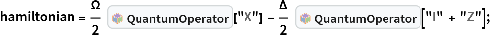 hamiltonian = \[CapitalOmega]/
    2 InterpretationBox[FrameBox[TagBox[TooltipBox[PaneBox[GridBox[List[List[GraphicsBox[List[Thickness[0.0025`], List[FaceForm[List[RGBColor[0.9607843137254902`, 0.5058823529411764`, 0.19607843137254902`], Opacity[1.`]]], FilledCurveBox[List[List[List[0, 2, 0], List[0, 1, 0], List[0, 1, 0], List[0, 1, 0], List[0, 1, 0]], List[List[0, 2, 0], List[0, 1, 0], List[0, 1, 0], List[0, 1, 0], List[0, 1, 0]], List[List[0, 2, 0], List[0, 1, 0], List[0, 1, 0], List[0, 1, 0], List[0, 1, 0], List[0, 1, 0]], List[List[0, 2, 0], List[1, 3, 3], List[0, 1, 0], List[1, 3, 3], List[0, 1, 0], List[1, 3, 3], List[0, 1, 0], List[1, 3, 3], List[1, 3, 3], List[0, 1, 0], List[1, 3, 3], List[0, 1, 0], List[1, 3, 3]]], List[List[List[205.`, 22.863691329956055`], List[205.`, 212.31669425964355`], List[246.01799774169922`, 235.99870109558105`], List[369.0710144042969`, 307.0436840057373`], List[369.0710144042969`, 117.59068870544434`], List[205.`, 22.863691329956055`]], List[List[30.928985595703125`, 307.0436840057373`], List[153.98200225830078`, 235.99870109558105`], List[195.`, 212.31669425964355`], List[195.`, 22.863691329956055`], List[30.928985595703125`, 117.59068870544434`], List[30.928985595703125`, 307.0436840057373`]], List[List[200.`, 410.42970085144043`], List[364.0710144042969`, 315.7036876678467`], List[241.01799774169922`, 244.65868949890137`], List[200.`, 220.97669792175293`], List[158.98200225830078`, 244.65868949890137`], List[35.928985595703125`, 315.7036876678467`], List[200.`, 410.42970085144043`]], List[List[376.5710144042969`, 320.03370475769043`], List[202.5`, 420.53370475769043`], List[200.95300006866455`, 421.42667961120605`], List[199.04699993133545`, 421.42667961120605`], List[197.5`, 420.53370475769043`], List[23.428985595703125`, 320.03370475769043`], List[21.882003784179688`, 319.1406993865967`], List[20.928985595703125`, 317.4896984100342`], List[20.928985595703125`, 315.7036876678467`], List[20.928985595703125`, 114.70369529724121`], List[20.928985595703125`, 112.91769218444824`], List[21.882003784179688`, 111.26669120788574`], List[23.428985595703125`, 110.37369346618652`], List[197.5`, 9.87369155883789`], List[198.27300024032593`, 9.426692008972168`], List[199.13700008392334`, 9.203690528869629`], List[200.`, 9.203690528869629`], List[200.86299991607666`, 9.203690528869629`], List[201.72699999809265`, 9.426692008972168`], List[202.5`, 9.87369155883789`], List[376.5710144042969`, 110.37369346618652`], List[378.1179962158203`, 111.26669120788574`], List[379.0710144042969`, 112.91769218444824`], List[379.0710144042969`, 114.70369529724121`], List[379.0710144042969`, 315.7036876678467`], List[379.0710144042969`, 317.4896984100342`], List[378.1179962158203`, 319.1406993865967`], List[376.5710144042969`, 320.03370475769043`]]]]], List[FaceForm[List[RGBColor[0.5529411764705883`, 0.6745098039215687`, 0.8117647058823529`], Opacity[1.`]]], FilledCurveBox[List[List[List[0, 2, 0], List[0, 1, 0], List[0, 1, 0], List[0, 1, 0]]], List[List[List[44.92900085449219`, 282.59088134765625`], List[181.00001525878906`, 204.0298843383789`], List[181.00001525878906`, 46.90887451171875`], List[44.92900085449219`, 125.46986389160156`], List[44.92900085449219`, 282.59088134765625`]]]]], List[FaceForm[List[RGBColor[0.6627450980392157`, 0.803921568627451`, 0.5686274509803921`], Opacity[1.`]]], FilledCurveBox[List[List[List[0, 2, 0], List[0, 1, 0], List[0, 1, 0], List[0, 1, 0]]], List[List[List[355.0710144042969`, 282.59088134765625`], List[355.0710144042969`, 125.46986389160156`], List[219.`, 46.90887451171875`], List[219.`, 204.0298843383789`], List[355.0710144042969`, 282.59088134765625`]]]]], List[FaceForm[List[RGBColor[0.6901960784313725`, 0.5882352941176471`, 0.8117647058823529`], Opacity[1.`]]], FilledCurveBox[List[List[List[0, 2, 0], List[0, 1, 0], List[0, 1, 0], List[0, 1, 0]]], List[List[List[200.`, 394.0606994628906`], List[336.0710144042969`, 315.4997024536133`], List[200.`, 236.93968200683594`], List[63.928985595703125`, 315.4997024536133`], List[200.`, 394.0606994628906`]]]]]], List[Rule[BaselinePosition, Scaled[0.15`]], Rule[ImageSize, 10], Rule[ImageSize, 15]]], StyleBox[RowBox[List["QuantumOperator", " "]], Rule[ShowAutoStyles, False], Rule[ShowStringCharacters, False], Rule[FontSize, Times[0.9`, Inherited]], Rule[FontColor, GrayLevel[0.1`]]]]], Rule[GridBoxSpacings, List[Rule["Columns", List[List[0.25`]]]]]], Rule[Alignment, List[Left, Baseline]], Rule[BaselinePosition, Baseline], Rule[FrameMargins, List[List[3, 0], List[0, 0]]], Rule[BaseStyle, List[Rule[LineSpacing, List[0, 0]], Rule[LineBreakWithin, False]]]], RowBox[List["PacletSymbol", "[", RowBox[List["\"Wolfram/QuantumFramework\"", ",", "\"Wolfram`QuantumFramework`QuantumOperator\""]], "]"]], Rule[TooltipStyle, List[Rule[ShowAutoStyles, True], Rule[ShowStringCharacters, True]]]], Function[Annotation[Slot[1], Style[Defer[PacletSymbol["Wolfram/QuantumFramework", "Wolfram`QuantumFramework`QuantumOperator"]], Rule[ShowStringCharacters, True]], "Tooltip"]]], Rule[Background, RGBColor[0.968`, 0.976`, 0.984`]], Rule[BaselinePosition, Baseline], Rule[DefaultBaseStyle, List[]], Rule[FrameMargins, List[List[0, 0], List[1, 1]]], Rule[FrameStyle, RGBColor[0.831`, 0.847`, 0.85`]], Rule[RoundingRadius, 4]], PacletSymbol["Wolfram/QuantumFramework", "Wolfram`QuantumFramework`QuantumOperator"], Rule[Selectable, False], Rule[SelectWithContents, True], Rule[BoxID, "PacletSymbolBox"]]["X"] - \[CapitalDelta]/
    2 InterpretationBox[FrameBox[TagBox[TooltipBox[PaneBox[GridBox[List[List[GraphicsBox[List[Thickness[0.0025`], List[FaceForm[List[RGBColor[0.9607843137254902`, 0.5058823529411764`, 0.19607843137254902`], Opacity[1.`]]], FilledCurveBox[List[List[List[0, 2, 0], List[0, 1, 0], List[0, 1, 0], List[0, 1, 0], List[0, 1, 0]], List[List[0, 2, 0], List[0, 1, 0], List[0, 1, 0], List[0, 1, 0], List[0, 1, 0]], List[List[0, 2, 0], List[0, 1, 0], List[0, 1, 0], List[0, 1, 0], List[0, 1, 0], List[0, 1, 0]], List[List[0, 2, 0], List[1, 3, 3], List[0, 1, 0], List[1, 3, 3], List[0, 1, 0], List[1, 3, 3], List[0, 1, 0], List[1, 3, 3], List[1, 3, 3], List[0, 1, 0], List[1, 3, 3], List[0, 1, 0], List[1, 3, 3]]], List[List[List[205.`, 22.863691329956055`], List[205.`, 212.31669425964355`], List[246.01799774169922`, 235.99870109558105`], List[369.0710144042969`, 307.0436840057373`], List[369.0710144042969`, 117.59068870544434`], List[205.`, 22.863691329956055`]], List[List[30.928985595703125`, 307.0436840057373`], List[153.98200225830078`, 235.99870109558105`], List[195.`, 212.31669425964355`], List[195.`, 22.863691329956055`], List[30.928985595703125`, 117.59068870544434`], List[30.928985595703125`, 307.0436840057373`]], List[List[200.`, 410.42970085144043`], List[364.0710144042969`, 315.7036876678467`], List[241.01799774169922`, 244.65868949890137`], List[200.`, 220.97669792175293`], List[158.98200225830078`, 244.65868949890137`], List[35.928985595703125`, 315.7036876678467`], List[200.`, 410.42970085144043`]], List[List[376.5710144042969`, 320.03370475769043`], List[202.5`, 420.53370475769043`], List[200.95300006866455`, 421.42667961120605`], List[199.04699993133545`, 421.42667961120605`], List[197.5`, 420.53370475769043`], List[23.428985595703125`, 320.03370475769043`], List[21.882003784179688`, 319.1406993865967`], List[20.928985595703125`, 317.4896984100342`], List[20.928985595703125`, 315.7036876678467`], List[20.928985595703125`, 114.70369529724121`], List[20.928985595703125`, 112.91769218444824`], List[21.882003784179688`, 111.26669120788574`], List[23.428985595703125`, 110.37369346618652`], List[197.5`, 9.87369155883789`], List[198.27300024032593`, 9.426692008972168`], List[199.13700008392334`, 9.203690528869629`], List[200.`, 9.203690528869629`], List[200.86299991607666`, 9.203690528869629`], List[201.72699999809265`, 9.426692008972168`], List[202.5`, 9.87369155883789`], List[376.5710144042969`, 110.37369346618652`], List[378.1179962158203`, 111.26669120788574`], List[379.0710144042969`, 112.91769218444824`], List[379.0710144042969`, 114.70369529724121`], List[379.0710144042969`, 315.7036876678467`], List[379.0710144042969`, 317.4896984100342`], List[378.1179962158203`, 319.1406993865967`], List[376.5710144042969`, 320.03370475769043`]]]]], List[FaceForm[List[RGBColor[0.5529411764705883`, 0.6745098039215687`, 0.8117647058823529`], Opacity[1.`]]], FilledCurveBox[List[List[List[0, 2, 0], List[0, 1, 0], List[0, 1, 0], List[0, 1, 0]]], List[List[List[44.92900085449219`, 282.59088134765625`], List[181.00001525878906`, 204.0298843383789`], List[181.00001525878906`, 46.90887451171875`], List[44.92900085449219`, 125.46986389160156`], List[44.92900085449219`, 282.59088134765625`]]]]], List[FaceForm[List[RGBColor[0.6627450980392157`, 0.803921568627451`, 0.5686274509803921`], Opacity[1.`]]], FilledCurveBox[List[List[List[0, 2, 0], List[0, 1, 0], List[0, 1, 0], List[0, 1, 0]]], List[List[List[355.0710144042969`, 282.59088134765625`], List[355.0710144042969`, 125.46986389160156`], List[219.`, 46.90887451171875`], List[219.`, 204.0298843383789`], List[355.0710144042969`, 282.59088134765625`]]]]], List[FaceForm[List[RGBColor[0.6901960784313725`, 0.5882352941176471`, 0.8117647058823529`], Opacity[1.`]]], FilledCurveBox[List[List[List[0, 2, 0], List[0, 1, 0], List[0, 1, 0], List[0, 1, 0]]], List[List[List[200.`, 394.0606994628906`], List[336.0710144042969`, 315.4997024536133`], List[200.`, 236.93968200683594`], List[63.928985595703125`, 315.4997024536133`], List[200.`, 394.0606994628906`]]]]]], List[Rule[BaselinePosition, Scaled[0.15`]], Rule[ImageSize, 10], Rule[ImageSize, 15]]], StyleBox[RowBox[List["QuantumOperator", " "]], Rule[ShowAutoStyles, False], Rule[ShowStringCharacters, False], Rule[FontSize, Times[0.9`, Inherited]], Rule[FontColor, GrayLevel[0.1`]]]]], Rule[GridBoxSpacings, List[Rule["Columns", List[List[0.25`]]]]]], Rule[Alignment, List[Left, Baseline]], Rule[BaselinePosition, Baseline], Rule[FrameMargins, List[List[3, 0], List[0, 0]]], Rule[BaseStyle, List[Rule[LineSpacing, List[0, 0]], Rule[LineBreakWithin, False]]]], RowBox[List["PacletSymbol", "[", RowBox[List["\"Wolfram/QuantumFramework\"", ",", "\"Wolfram`QuantumFramework`QuantumOperator\""]], "]"]], Rule[TooltipStyle, List[Rule[ShowAutoStyles, True], Rule[ShowStringCharacters, True]]]], Function[Annotation[Slot[1], Style[Defer[PacletSymbol["Wolfram/QuantumFramework", "Wolfram`QuantumFramework`QuantumOperator"]], Rule[ShowStringCharacters, True]], "Tooltip"]]], Rule[Background, RGBColor[0.968`, 0.976`, 0.984`]], Rule[BaselinePosition, Baseline], Rule[DefaultBaseStyle, List[]], Rule[FrameMargins, List[List[0, 0], List[1, 1]]], Rule[FrameStyle, RGBColor[0.831`, 0.847`, 0.85`]], Rule[RoundingRadius, 4]], PacletSymbol["Wolfram/QuantumFramework", "Wolfram`QuantumFramework`QuantumOperator"], Rule[Selectable, False], Rule[SelectWithContents, True], Rule[BoxID, "PacletSymbolBox"]]["I" + "Z"];