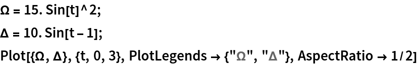 \[CapitalOmega] = 15. Sin[t]^2;
\[CapitalDelta] = 10. Sin[t - 1];
Plot[{\[CapitalOmega], \[CapitalDelta]}, {t, 0, 3}, PlotLegends -> {"\[CapitalOmega]", "\[CapitalDelta]"}, AspectRatio -> 1/2]