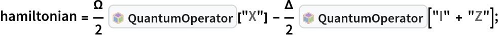 hamiltonian = \[CapitalOmega]/
    2 InterpretationBox[FrameBox[TagBox[TooltipBox[PaneBox[GridBox[List[List[GraphicsBox[List[Thickness[0.0025`], List[FaceForm[List[RGBColor[0.9607843137254902`, 0.5058823529411764`, 0.19607843137254902`], Opacity[1.`]]], FilledCurveBox[List[List[List[0, 2, 0], List[0, 1, 0], List[0, 1, 0], List[0, 1, 0], List[0, 1, 0]], List[List[0, 2, 0], List[0, 1, 0], List[0, 1, 0], List[0, 1, 0], List[0, 1, 0]], List[List[0, 2, 0], List[0, 1, 0], List[0, 1, 0], List[0, 1, 0], List[0, 1, 0], List[0, 1, 0]], List[List[0, 2, 0], List[1, 3, 3], List[0, 1, 0], List[1, 3, 3], List[0, 1, 0], List[1, 3, 3], List[0, 1, 0], List[1, 3, 3], List[1, 3, 3], List[0, 1, 0], List[1, 3, 3], List[0, 1, 0], List[1, 3, 3]]], List[List[List[205.`, 22.863691329956055`], List[205.`, 212.31669425964355`], List[246.01799774169922`, 235.99870109558105`], List[369.0710144042969`, 307.0436840057373`], List[369.0710144042969`, 117.59068870544434`], List[205.`, 22.863691329956055`]], List[List[30.928985595703125`, 307.0436840057373`], List[153.98200225830078`, 235.99870109558105`], List[195.`, 212.31669425964355`], List[195.`, 22.863691329956055`], List[30.928985595703125`, 117.59068870544434`], List[30.928985595703125`, 307.0436840057373`]], List[List[200.`, 410.42970085144043`], List[364.0710144042969`, 315.7036876678467`], List[241.01799774169922`, 244.65868949890137`], List[200.`, 220.97669792175293`], List[158.98200225830078`, 244.65868949890137`], List[35.928985595703125`, 315.7036876678467`], List[200.`, 410.42970085144043`]], List[List[376.5710144042969`, 320.03370475769043`], List[202.5`, 420.53370475769043`], List[200.95300006866455`, 421.42667961120605`], List[199.04699993133545`, 421.42667961120605`], List[197.5`, 420.53370475769043`], List[23.428985595703125`, 320.03370475769043`], List[21.882003784179688`, 319.1406993865967`], List[20.928985595703125`, 317.4896984100342`], List[20.928985595703125`, 315.7036876678467`], List[20.928985595703125`, 114.70369529724121`], List[20.928985595703125`, 112.91769218444824`], List[21.882003784179688`, 111.26669120788574`], List[23.428985595703125`, 110.37369346618652`], List[197.5`, 9.87369155883789`], List[198.27300024032593`, 9.426692008972168`], List[199.13700008392334`, 9.203690528869629`], List[200.`, 9.203690528869629`], List[200.86299991607666`, 9.203690528869629`], List[201.72699999809265`, 9.426692008972168`], List[202.5`, 9.87369155883789`], List[376.5710144042969`, 110.37369346618652`], List[378.1179962158203`, 111.26669120788574`], List[379.0710144042969`, 112.91769218444824`], List[379.0710144042969`, 114.70369529724121`], List[379.0710144042969`, 315.7036876678467`], List[379.0710144042969`, 317.4896984100342`], List[378.1179962158203`, 319.1406993865967`], List[376.5710144042969`, 320.03370475769043`]]]]], List[FaceForm[List[RGBColor[0.5529411764705883`, 0.6745098039215687`, 0.8117647058823529`], Opacity[1.`]]], FilledCurveBox[List[List[List[0, 2, 0], List[0, 1, 0], List[0, 1, 0], List[0, 1, 0]]], List[List[List[44.92900085449219`, 282.59088134765625`], List[181.00001525878906`, 204.0298843383789`], List[181.00001525878906`, 46.90887451171875`], List[44.92900085449219`, 125.46986389160156`], List[44.92900085449219`, 282.59088134765625`]]]]], List[FaceForm[List[RGBColor[0.6627450980392157`, 0.803921568627451`, 0.5686274509803921`], Opacity[1.`]]], FilledCurveBox[List[List[List[0, 2, 0], List[0, 1, 0], List[0, 1, 0], List[0, 1, 0]]], List[List[List[355.0710144042969`, 282.59088134765625`], List[355.0710144042969`, 125.46986389160156`], List[219.`, 46.90887451171875`], List[219.`, 204.0298843383789`], List[355.0710144042969`, 282.59088134765625`]]]]], List[FaceForm[List[RGBColor[0.6901960784313725`, 0.5882352941176471`, 0.8117647058823529`], Opacity[1.`]]], FilledCurveBox[List[List[List[0, 2, 0], List[0, 1, 0], List[0, 1, 0], List[0, 1, 0]]], List[List[List[200.`, 394.0606994628906`], List[336.0710144042969`, 315.4997024536133`], List[200.`, 236.93968200683594`], List[63.928985595703125`, 315.4997024536133`], List[200.`, 394.0606994628906`]]]]]], List[Rule[BaselinePosition, Scaled[0.15`]], Rule[ImageSize, 10], Rule[ImageSize, 15]]], StyleBox[RowBox[List["QuantumOperator", " "]], Rule[ShowAutoStyles, False], Rule[ShowStringCharacters, False], Rule[FontSize, Times[0.9`, Inherited]], Rule[FontColor, GrayLevel[0.1`]]]]], Rule[GridBoxSpacings, List[Rule["Columns", List[List[0.25`]]]]]], Rule[Alignment, List[Left, Baseline]], Rule[BaselinePosition, Baseline], Rule[FrameMargins, List[List[3, 0], List[0, 0]]], Rule[BaseStyle, List[Rule[LineSpacing, List[0, 0]], Rule[LineBreakWithin, False]]]], RowBox[List["PacletSymbol", "[", RowBox[List["\"Wolfram/QuantumFramework\"", ",", "\"Wolfram`QuantumFramework`QuantumOperator\""]], "]"]], Rule[TooltipStyle, List[Rule[ShowAutoStyles, True], Rule[ShowStringCharacters, True]]]], Function[Annotation[Slot[1], Style[Defer[PacletSymbol["Wolfram/QuantumFramework", "Wolfram`QuantumFramework`QuantumOperator"]], Rule[ShowStringCharacters, True]], "Tooltip"]]], Rule[Background, RGBColor[0.968`, 0.976`, 0.984`]], Rule[BaselinePosition, Baseline], Rule[DefaultBaseStyle, List[]], Rule[FrameMargins, List[List[0, 0], List[1, 1]]], Rule[FrameStyle, RGBColor[0.831`, 0.847`, 0.85`]], Rule[RoundingRadius, 4]], PacletSymbol["Wolfram/QuantumFramework", "Wolfram`QuantumFramework`QuantumOperator"], Rule[Selectable, False], Rule[SelectWithContents, True], Rule[BoxID, "PacletSymbolBox"]]["X"] - \[CapitalDelta]/
    2 InterpretationBox[FrameBox[TagBox[TooltipBox[PaneBox[GridBox[List[List[GraphicsBox[List[Thickness[0.0025`], List[FaceForm[List[RGBColor[0.9607843137254902`, 0.5058823529411764`, 0.19607843137254902`], Opacity[1.`]]], FilledCurveBox[List[List[List[0, 2, 0], List[0, 1, 0], List[0, 1, 0], List[0, 1, 0], List[0, 1, 0]], List[List[0, 2, 0], List[0, 1, 0], List[0, 1, 0], List[0, 1, 0], List[0, 1, 0]], List[List[0, 2, 0], List[0, 1, 0], List[0, 1, 0], List[0, 1, 0], List[0, 1, 0], List[0, 1, 0]], List[List[0, 2, 0], List[1, 3, 3], List[0, 1, 0], List[1, 3, 3], List[0, 1, 0], List[1, 3, 3], List[0, 1, 0], List[1, 3, 3], List[1, 3, 3], List[0, 1, 0], List[1, 3, 3], List[0, 1, 0], List[1, 3, 3]]], List[List[List[205.`, 22.863691329956055`], List[205.`, 212.31669425964355`], List[246.01799774169922`, 235.99870109558105`], List[369.0710144042969`, 307.0436840057373`], List[369.0710144042969`, 117.59068870544434`], List[205.`, 22.863691329956055`]], List[List[30.928985595703125`, 307.0436840057373`], List[153.98200225830078`, 235.99870109558105`], List[195.`, 212.31669425964355`], List[195.`, 22.863691329956055`], List[30.928985595703125`, 117.59068870544434`], List[30.928985595703125`, 307.0436840057373`]], List[List[200.`, 410.42970085144043`], List[364.0710144042969`, 315.7036876678467`], List[241.01799774169922`, 244.65868949890137`], List[200.`, 220.97669792175293`], List[158.98200225830078`, 244.65868949890137`], List[35.928985595703125`, 315.7036876678467`], List[200.`, 410.42970085144043`]], List[List[376.5710144042969`, 320.03370475769043`], List[202.5`, 420.53370475769043`], List[200.95300006866455`, 421.42667961120605`], List[199.04699993133545`, 421.42667961120605`], List[197.5`, 420.53370475769043`], List[23.428985595703125`, 320.03370475769043`], List[21.882003784179688`, 319.1406993865967`], List[20.928985595703125`, 317.4896984100342`], List[20.928985595703125`, 315.7036876678467`], List[20.928985595703125`, 114.70369529724121`], List[20.928985595703125`, 112.91769218444824`], List[21.882003784179688`, 111.26669120788574`], List[23.428985595703125`, 110.37369346618652`], List[197.5`, 9.87369155883789`], List[198.27300024032593`, 9.426692008972168`], List[199.13700008392334`, 9.203690528869629`], List[200.`, 9.203690528869629`], List[200.86299991607666`, 9.203690528869629`], List[201.72699999809265`, 9.426692008972168`], List[202.5`, 9.87369155883789`], List[376.5710144042969`, 110.37369346618652`], List[378.1179962158203`, 111.26669120788574`], List[379.0710144042969`, 112.91769218444824`], List[379.0710144042969`, 114.70369529724121`], List[379.0710144042969`, 315.7036876678467`], List[379.0710144042969`, 317.4896984100342`], List[378.1179962158203`, 319.1406993865967`], List[376.5710144042969`, 320.03370475769043`]]]]], List[FaceForm[List[RGBColor[0.5529411764705883`, 0.6745098039215687`, 0.8117647058823529`], Opacity[1.`]]], FilledCurveBox[List[List[List[0, 2, 0], List[0, 1, 0], List[0, 1, 0], List[0, 1, 0]]], List[List[List[44.92900085449219`, 282.59088134765625`], List[181.00001525878906`, 204.0298843383789`], List[181.00001525878906`, 46.90887451171875`], List[44.92900085449219`, 125.46986389160156`], List[44.92900085449219`, 282.59088134765625`]]]]], List[FaceForm[List[RGBColor[0.6627450980392157`, 0.803921568627451`, 0.5686274509803921`], Opacity[1.`]]], FilledCurveBox[List[List[List[0, 2, 0], List[0, 1, 0], List[0, 1, 0], List[0, 1, 0]]], List[List[List[355.0710144042969`, 282.59088134765625`], List[355.0710144042969`, 125.46986389160156`], List[219.`, 46.90887451171875`], List[219.`, 204.0298843383789`], List[355.0710144042969`, 282.59088134765625`]]]]], List[FaceForm[List[RGBColor[0.6901960784313725`, 0.5882352941176471`, 0.8117647058823529`], Opacity[1.`]]], FilledCurveBox[List[List[List[0, 2, 0], List[0, 1, 0], List[0, 1, 0], List[0, 1, 0]]], List[List[List[200.`, 394.0606994628906`], List[336.0710144042969`, 315.4997024536133`], List[200.`, 236.93968200683594`], List[63.928985595703125`, 315.4997024536133`], List[200.`, 394.0606994628906`]]]]]], List[Rule[BaselinePosition, Scaled[0.15`]], Rule[ImageSize, 10], Rule[ImageSize, 15]]], StyleBox[RowBox[List["QuantumOperator", " "]], Rule[ShowAutoStyles, False], Rule[ShowStringCharacters, False], Rule[FontSize, Times[0.9`, Inherited]], Rule[FontColor, GrayLevel[0.1`]]]]], Rule[GridBoxSpacings, List[Rule["Columns", List[List[0.25`]]]]]], Rule[Alignment, List[Left, Baseline]], Rule[BaselinePosition, Baseline], Rule[FrameMargins, List[List[3, 0], List[0, 0]]], Rule[BaseStyle, List[Rule[LineSpacing, List[0, 0]], Rule[LineBreakWithin, False]]]], RowBox[List["PacletSymbol", "[", RowBox[List["\"Wolfram/QuantumFramework\"", ",", "\"Wolfram`QuantumFramework`QuantumOperator\""]], "]"]], Rule[TooltipStyle, List[Rule[ShowAutoStyles, True], Rule[ShowStringCharacters, True]]]], Function[Annotation[Slot[1], Style[Defer[PacletSymbol["Wolfram/QuantumFramework", "Wolfram`QuantumFramework`QuantumOperator"]], Rule[ShowStringCharacters, True]], "Tooltip"]]], Rule[Background, RGBColor[0.968`, 0.976`, 0.984`]], Rule[BaselinePosition, Baseline], Rule[DefaultBaseStyle, List[]], Rule[FrameMargins, List[List[0, 0], List[1, 1]]], Rule[FrameStyle, RGBColor[0.831`, 0.847`, 0.85`]], Rule[RoundingRadius, 4]], PacletSymbol["Wolfram/QuantumFramework", "Wolfram`QuantumFramework`QuantumOperator"], Rule[Selectable, False], Rule[SelectWithContents, True], Rule[BoxID, "PacletSymbolBox"]]["I" + "Z"];