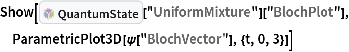 Show[InterpretationBox[FrameBox[TagBox[TooltipBox[PaneBox[GridBox[List[List[GraphicsBox[List[Thickness[0.0025`], List[FaceForm[List[RGBColor[0.9607843137254902`, 0.5058823529411764`, 0.19607843137254902`], Opacity[1.`]]], FilledCurveBox[List[List[List[0, 2, 0], List[0, 1, 0], List[0, 1, 0], List[0, 1, 0], List[0, 1, 0]], List[List[0, 2, 0], List[0, 1, 0], List[0, 1, 0], List[0, 1, 0], List[0, 1, 0]], List[List[0, 2, 0], List[0, 1, 0], List[0, 1, 0], List[0, 1, 0], List[0, 1, 0], List[0, 1, 0]], List[List[0, 2, 0], List[1, 3, 3], List[0, 1, 0], List[1, 3, 3], List[0, 1, 0], List[1, 3, 3], List[0, 1, 0], List[1, 3, 3], List[1, 3, 3], List[0, 1, 0], List[1, 3, 3], List[0, 1, 0], List[1, 3, 3]]], List[List[List[205.`, 22.863691329956055`], List[205.`, 212.31669425964355`], List[246.01799774169922`, 235.99870109558105`], List[369.0710144042969`, 307.0436840057373`], List[369.0710144042969`, 117.59068870544434`], List[205.`, 22.863691329956055`]], List[List[30.928985595703125`, 307.0436840057373`], List[153.98200225830078`, 235.99870109558105`], List[195.`, 212.31669425964355`], List[195.`, 22.863691329956055`], List[30.928985595703125`, 117.59068870544434`], List[30.928985595703125`, 307.0436840057373`]], List[List[200.`, 410.42970085144043`], List[364.0710144042969`, 315.7036876678467`], List[241.01799774169922`, 244.65868949890137`], List[200.`, 220.97669792175293`], List[158.98200225830078`, 244.65868949890137`], List[35.928985595703125`, 315.7036876678467`], List[200.`, 410.42970085144043`]], List[List[376.5710144042969`, 320.03370475769043`], List[202.5`, 420.53370475769043`], List[200.95300006866455`, 421.42667961120605`], List[199.04699993133545`, 421.42667961120605`], List[197.5`, 420.53370475769043`], List[23.428985595703125`, 320.03370475769043`], List[21.882003784179688`, 319.1406993865967`], List[20.928985595703125`, 317.4896984100342`], List[20.928985595703125`, 315.7036876678467`], List[20.928985595703125`, 114.70369529724121`], List[20.928985595703125`, 112.91769218444824`], List[21.882003784179688`, 111.26669120788574`], List[23.428985595703125`, 110.37369346618652`], List[197.5`, 9.87369155883789`], List[198.27300024032593`, 9.426692008972168`], List[199.13700008392334`, 9.203690528869629`], List[200.`, 9.203690528869629`], List[200.86299991607666`, 9.203690528869629`], List[201.72699999809265`, 9.426692008972168`], List[202.5`, 9.87369155883789`], List[376.5710144042969`, 110.37369346618652`], List[378.1179962158203`, 111.26669120788574`], List[379.0710144042969`, 112.91769218444824`], List[379.0710144042969`, 114.70369529724121`], List[379.0710144042969`, 315.7036876678467`], List[379.0710144042969`, 317.4896984100342`], List[378.1179962158203`, 319.1406993865967`], List[376.5710144042969`, 320.03370475769043`]]]]], List[FaceForm[List[RGBColor[0.5529411764705883`, 0.6745098039215687`, 0.8117647058823529`], Opacity[1.`]]], FilledCurveBox[List[List[List[0, 2, 0], List[0, 1, 0], List[0, 1, 0], List[0, 1, 0]]], List[List[List[44.92900085449219`, 282.59088134765625`], List[181.00001525878906`, 204.0298843383789`], List[181.00001525878906`, 46.90887451171875`], List[44.92900085449219`, 125.46986389160156`], List[44.92900085449219`, 282.59088134765625`]]]]], List[FaceForm[List[RGBColor[0.6627450980392157`, 0.803921568627451`, 0.5686274509803921`], Opacity[1.`]]], FilledCurveBox[List[List[List[0, 2, 0], List[0, 1, 0], List[0, 1, 0], List[0, 1, 0]]], List[List[List[355.0710144042969`, 282.59088134765625`], List[355.0710144042969`, 125.46986389160156`], List[219.`, 46.90887451171875`], List[219.`, 204.0298843383789`], List[355.0710144042969`, 282.59088134765625`]]]]], List[FaceForm[List[RGBColor[0.6901960784313725`, 0.5882352941176471`, 0.8117647058823529`], Opacity[1.`]]], FilledCurveBox[List[List[List[0, 2, 0], List[0, 1, 0], List[0, 1, 0], List[0, 1, 0]]], List[List[List[200.`, 394.0606994628906`], List[336.0710144042969`, 315.4997024536133`], List[200.`, 236.93968200683594`], List[63.928985595703125`, 315.4997024536133`], List[200.`, 394.0606994628906`]]]]]], List[Rule[BaselinePosition, Scaled[0.15`]], Rule[ImageSize, 10], Rule[ImageSize, 15]]], StyleBox[RowBox[List["QuantumState", " "]], Rule[ShowAutoStyles, False], Rule[ShowStringCharacters, False], Rule[FontSize, Times[0.9`, Inherited]], Rule[FontColor, GrayLevel[0.1`]]]]], Rule[GridBoxSpacings, List[Rule["Columns", List[List[0.25`]]]]]], Rule[Alignment, List[Left, Baseline]], Rule[BaselinePosition, Baseline], Rule[FrameMargins, List[List[3, 0], List[0, 0]]], Rule[BaseStyle, List[Rule[LineSpacing, List[0, 0]], Rule[LineBreakWithin, False]]]], RowBox[List["PacletSymbol", "[", RowBox[List["\"Wolfram/QuantumFramework\"", ",", "\"Wolfram`QuantumFramework`QuantumState\""]], "]"]], Rule[TooltipStyle, List[Rule[ShowAutoStyles, True], Rule[ShowStringCharacters, True]]]], Function[Annotation[Slot[1], Style[Defer[PacletSymbol["Wolfram/QuantumFramework", "Wolfram`QuantumFramework`QuantumState"]], Rule[ShowStringCharacters, True]], "Tooltip"]]], Rule[Background, RGBColor[0.968`, 0.976`, 0.984`]], Rule[BaselinePosition, Baseline], Rule[DefaultBaseStyle, List[]], Rule[FrameMargins, List[List[0, 0], List[1, 1]]], Rule[FrameStyle, RGBColor[0.831`, 0.847`, 0.85`]], Rule[RoundingRadius, 4]], PacletSymbol["Wolfram/QuantumFramework", "Wolfram`QuantumFramework`QuantumState"], Rule[Selectable, False], Rule[SelectWithContents, True], Rule[BoxID, "PacletSymbolBox"]]["UniformMixture"][
  "BlochPlot"], ParametricPlot3D[\[Psi]["BlochVector"], {t, 0, 3}]]