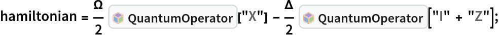 hamiltonian = \[CapitalOmega]/
    2 InterpretationBox[FrameBox[TagBox[TooltipBox[PaneBox[GridBox[List[List[GraphicsBox[List[Thickness[0.0025`], List[FaceForm[List[RGBColor[0.9607843137254902`, 0.5058823529411764`, 0.19607843137254902`], Opacity[1.`]]], FilledCurveBox[List[List[List[0, 2, 0], List[0, 1, 0], List[0, 1, 0], List[0, 1, 0], List[0, 1, 0]], List[List[0, 2, 0], List[0, 1, 0], List[0, 1, 0], List[0, 1, 0], List[0, 1, 0]], List[List[0, 2, 0], List[0, 1, 0], List[0, 1, 0], List[0, 1, 0], List[0, 1, 0], List[0, 1, 0]], List[List[0, 2, 0], List[1, 3, 3], List[0, 1, 0], List[1, 3, 3], List[0, 1, 0], List[1, 3, 3], List[0, 1, 0], List[1, 3, 3], List[1, 3, 3], List[0, 1, 0], List[1, 3, 3], List[0, 1, 0], List[1, 3, 3]]], List[List[List[205.`, 22.863691329956055`], List[205.`, 212.31669425964355`], List[246.01799774169922`, 235.99870109558105`], List[369.0710144042969`, 307.0436840057373`], List[369.0710144042969`, 117.59068870544434`], List[205.`, 22.863691329956055`]], List[List[30.928985595703125`, 307.0436840057373`], List[153.98200225830078`, 235.99870109558105`], List[195.`, 212.31669425964355`], List[195.`, 22.863691329956055`], List[30.928985595703125`, 117.59068870544434`], List[30.928985595703125`, 307.0436840057373`]], List[List[200.`, 410.42970085144043`], List[364.0710144042969`, 315.7036876678467`], List[241.01799774169922`, 244.65868949890137`], List[200.`, 220.97669792175293`], List[158.98200225830078`, 244.65868949890137`], List[35.928985595703125`, 315.7036876678467`], List[200.`, 410.42970085144043`]], List[List[376.5710144042969`, 320.03370475769043`], List[202.5`, 420.53370475769043`], List[200.95300006866455`, 421.42667961120605`], List[199.04699993133545`, 421.42667961120605`], List[197.5`, 420.53370475769043`], List[23.428985595703125`, 320.03370475769043`], List[21.882003784179688`, 319.1406993865967`], List[20.928985595703125`, 317.4896984100342`], List[20.928985595703125`, 315.7036876678467`], List[20.928985595703125`, 114.70369529724121`], List[20.928985595703125`, 112.91769218444824`], List[21.882003784179688`, 111.26669120788574`], List[23.428985595703125`, 110.37369346618652`], List[197.5`, 9.87369155883789`], List[198.27300024032593`, 9.426692008972168`], List[199.13700008392334`, 9.203690528869629`], List[200.`, 9.203690528869629`], List[200.86299991607666`, 9.203690528869629`], List[201.72699999809265`, 9.426692008972168`], List[202.5`, 9.87369155883789`], List[376.5710144042969`, 110.37369346618652`], List[378.1179962158203`, 111.26669120788574`], List[379.0710144042969`, 112.91769218444824`], List[379.0710144042969`, 114.70369529724121`], List[379.0710144042969`, 315.7036876678467`], List[379.0710144042969`, 317.4896984100342`], List[378.1179962158203`, 319.1406993865967`], List[376.5710144042969`, 320.03370475769043`]]]]], List[FaceForm[List[RGBColor[0.5529411764705883`, 0.6745098039215687`, 0.8117647058823529`], Opacity[1.`]]], FilledCurveBox[List[List[List[0, 2, 0], List[0, 1, 0], List[0, 1, 0], List[0, 1, 0]]], List[List[List[44.92900085449219`, 282.59088134765625`], List[181.00001525878906`, 204.0298843383789`], List[181.00001525878906`, 46.90887451171875`], List[44.92900085449219`, 125.46986389160156`], List[44.92900085449219`, 282.59088134765625`]]]]], List[FaceForm[List[RGBColor[0.6627450980392157`, 0.803921568627451`, 0.5686274509803921`], Opacity[1.`]]], FilledCurveBox[List[List[List[0, 2, 0], List[0, 1, 0], List[0, 1, 0], List[0, 1, 0]]], List[List[List[355.0710144042969`, 282.59088134765625`], List[355.0710144042969`, 125.46986389160156`], List[219.`, 46.90887451171875`], List[219.`, 204.0298843383789`], List[355.0710144042969`, 282.59088134765625`]]]]], List[FaceForm[List[RGBColor[0.6901960784313725`, 0.5882352941176471`, 0.8117647058823529`], Opacity[1.`]]], FilledCurveBox[List[List[List[0, 2, 0], List[0, 1, 0], List[0, 1, 0], List[0, 1, 0]]], List[List[List[200.`, 394.0606994628906`], List[336.0710144042969`, 315.4997024536133`], List[200.`, 236.93968200683594`], List[63.928985595703125`, 315.4997024536133`], List[200.`, 394.0606994628906`]]]]]], List[Rule[BaselinePosition, Scaled[0.15`]], Rule[ImageSize, 10], Rule[ImageSize, 15]]], StyleBox[RowBox[List["QuantumOperator", " "]], Rule[ShowAutoStyles, False], Rule[ShowStringCharacters, False], Rule[FontSize, Times[0.9`, Inherited]], Rule[FontColor, GrayLevel[0.1`]]]]], Rule[GridBoxSpacings, List[Rule["Columns", List[List[0.25`]]]]]], Rule[Alignment, List[Left, Baseline]], Rule[BaselinePosition, Baseline], Rule[FrameMargins, List[List[3, 0], List[0, 0]]], Rule[BaseStyle, List[Rule[LineSpacing, List[0, 0]], Rule[LineBreakWithin, False]]]], RowBox[List["PacletSymbol", "[", RowBox[List["\"Wolfram/QuantumFramework\"", ",", "\"Wolfram`QuantumFramework`QuantumOperator\""]], "]"]], Rule[TooltipStyle, List[Rule[ShowAutoStyles, True], Rule[ShowStringCharacters, True]]]], Function[Annotation[Slot[1], Style[Defer[PacletSymbol["Wolfram/QuantumFramework", "Wolfram`QuantumFramework`QuantumOperator"]], Rule[ShowStringCharacters, True]], "Tooltip"]]], Rule[Background, RGBColor[0.968`, 0.976`, 0.984`]], Rule[BaselinePosition, Baseline], Rule[DefaultBaseStyle, List[]], Rule[FrameMargins, List[List[0, 0], List[1, 1]]], Rule[FrameStyle, RGBColor[0.831`, 0.847`, 0.85`]], Rule[RoundingRadius, 4]], PacletSymbol["Wolfram/QuantumFramework", "Wolfram`QuantumFramework`QuantumOperator"], Rule[Selectable, False], Rule[SelectWithContents, True], Rule[BoxID, "PacletSymbolBox"]]["X"] - \[CapitalDelta]/
    2 InterpretationBox[FrameBox[TagBox[TooltipBox[PaneBox[GridBox[List[List[GraphicsBox[List[Thickness[0.0025`], List[FaceForm[List[RGBColor[0.9607843137254902`, 0.5058823529411764`, 0.19607843137254902`], Opacity[1.`]]], FilledCurveBox[List[List[List[0, 2, 0], List[0, 1, 0], List[0, 1, 0], List[0, 1, 0], List[0, 1, 0]], List[List[0, 2, 0], List[0, 1, 0], List[0, 1, 0], List[0, 1, 0], List[0, 1, 0]], List[List[0, 2, 0], List[0, 1, 0], List[0, 1, 0], List[0, 1, 0], List[0, 1, 0], List[0, 1, 0]], List[List[0, 2, 0], List[1, 3, 3], List[0, 1, 0], List[1, 3, 3], List[0, 1, 0], List[1, 3, 3], List[0, 1, 0], List[1, 3, 3], List[1, 3, 3], List[0, 1, 0], List[1, 3, 3], List[0, 1, 0], List[1, 3, 3]]], List[List[List[205.`, 22.863691329956055`], List[205.`, 212.31669425964355`], List[246.01799774169922`, 235.99870109558105`], List[369.0710144042969`, 307.0436840057373`], List[369.0710144042969`, 117.59068870544434`], List[205.`, 22.863691329956055`]], List[List[30.928985595703125`, 307.0436840057373`], List[153.98200225830078`, 235.99870109558105`], List[195.`, 212.31669425964355`], List[195.`, 22.863691329956055`], List[30.928985595703125`, 117.59068870544434`], List[30.928985595703125`, 307.0436840057373`]], List[List[200.`, 410.42970085144043`], List[364.0710144042969`, 315.7036876678467`], List[241.01799774169922`, 244.65868949890137`], List[200.`, 220.97669792175293`], List[158.98200225830078`, 244.65868949890137`], List[35.928985595703125`, 315.7036876678467`], List[200.`, 410.42970085144043`]], List[List[376.5710144042969`, 320.03370475769043`], List[202.5`, 420.53370475769043`], List[200.95300006866455`, 421.42667961120605`], List[199.04699993133545`, 421.42667961120605`], List[197.5`, 420.53370475769043`], List[23.428985595703125`, 320.03370475769043`], List[21.882003784179688`, 319.1406993865967`], List[20.928985595703125`, 317.4896984100342`], List[20.928985595703125`, 315.7036876678467`], List[20.928985595703125`, 114.70369529724121`], List[20.928985595703125`, 112.91769218444824`], List[21.882003784179688`, 111.26669120788574`], List[23.428985595703125`, 110.37369346618652`], List[197.5`, 9.87369155883789`], List[198.27300024032593`, 9.426692008972168`], List[199.13700008392334`, 9.203690528869629`], List[200.`, 9.203690528869629`], List[200.86299991607666`, 9.203690528869629`], List[201.72699999809265`, 9.426692008972168`], List[202.5`, 9.87369155883789`], List[376.5710144042969`, 110.37369346618652`], List[378.1179962158203`, 111.26669120788574`], List[379.0710144042969`, 112.91769218444824`], List[379.0710144042969`, 114.70369529724121`], List[379.0710144042969`, 315.7036876678467`], List[379.0710144042969`, 317.4896984100342`], List[378.1179962158203`, 319.1406993865967`], List[376.5710144042969`, 320.03370475769043`]]]]], List[FaceForm[List[RGBColor[0.5529411764705883`, 0.6745098039215687`, 0.8117647058823529`], Opacity[1.`]]], FilledCurveBox[List[List[List[0, 2, 0], List[0, 1, 0], List[0, 1, 0], List[0, 1, 0]]], List[List[List[44.92900085449219`, 282.59088134765625`], List[181.00001525878906`, 204.0298843383789`], List[181.00001525878906`, 46.90887451171875`], List[44.92900085449219`, 125.46986389160156`], List[44.92900085449219`, 282.59088134765625`]]]]], List[FaceForm[List[RGBColor[0.6627450980392157`, 0.803921568627451`, 0.5686274509803921`], Opacity[1.`]]], FilledCurveBox[List[List[List[0, 2, 0], List[0, 1, 0], List[0, 1, 0], List[0, 1, 0]]], List[List[List[355.0710144042969`, 282.59088134765625`], List[355.0710144042969`, 125.46986389160156`], List[219.`, 46.90887451171875`], List[219.`, 204.0298843383789`], List[355.0710144042969`, 282.59088134765625`]]]]], List[FaceForm[List[RGBColor[0.6901960784313725`, 0.5882352941176471`, 0.8117647058823529`], Opacity[1.`]]], FilledCurveBox[List[List[List[0, 2, 0], List[0, 1, 0], List[0, 1, 0], List[0, 1, 0]]], List[List[List[200.`, 394.0606994628906`], List[336.0710144042969`, 315.4997024536133`], List[200.`, 236.93968200683594`], List[63.928985595703125`, 315.4997024536133`], List[200.`, 394.0606994628906`]]]]]], List[Rule[BaselinePosition, Scaled[0.15`]], Rule[ImageSize, 10], Rule[ImageSize, 15]]], StyleBox[RowBox[List["QuantumOperator", " "]], Rule[ShowAutoStyles, False], Rule[ShowStringCharacters, False], Rule[FontSize, Times[0.9`, Inherited]], Rule[FontColor, GrayLevel[0.1`]]]]], Rule[GridBoxSpacings, List[Rule["Columns", List[List[0.25`]]]]]], Rule[Alignment, List[Left, Baseline]], Rule[BaselinePosition, Baseline], Rule[FrameMargins, List[List[3, 0], List[0, 0]]], Rule[BaseStyle, List[Rule[LineSpacing, List[0, 0]], Rule[LineBreakWithin, False]]]], RowBox[List["PacletSymbol", "[", RowBox[List["\"Wolfram/QuantumFramework\"", ",", "\"Wolfram`QuantumFramework`QuantumOperator\""]], "]"]], Rule[TooltipStyle, List[Rule[ShowAutoStyles, True], Rule[ShowStringCharacters, True]]]], Function[Annotation[Slot[1], Style[Defer[PacletSymbol["Wolfram/QuantumFramework", "Wolfram`QuantumFramework`QuantumOperator"]], Rule[ShowStringCharacters, True]], "Tooltip"]]], Rule[Background, RGBColor[0.968`, 0.976`, 0.984`]], Rule[BaselinePosition, Baseline], Rule[DefaultBaseStyle, List[]], Rule[FrameMargins, List[List[0, 0], List[1, 1]]], Rule[FrameStyle, RGBColor[0.831`, 0.847`, 0.85`]], Rule[RoundingRadius, 4]], PacletSymbol["Wolfram/QuantumFramework", "Wolfram`QuantumFramework`QuantumOperator"], Rule[Selectable, False], Rule[SelectWithContents, True], Rule[BoxID, "PacletSymbolBox"]]["I" + "Z"];