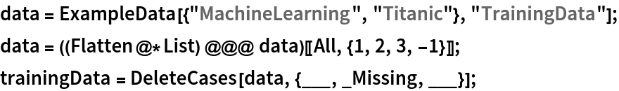 data = ExampleData[{"MachineLearning", "Titanic"}, "TrainingData"];
data = ((Flatten@*List) @@@ data)[[All, {1, 2, 3, -1}]];
trainingData = DeleteCases[data, {___, _Missing, ___}];