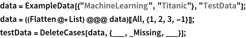 data = ExampleData[{"MachineLearning", "Titanic"}, "TestData"];
data = ((Flatten@*List) @@@ data)[[All, {1, 2, 3, -1}]];
testData = DeleteCases[data, {___, _Missing, ___}];