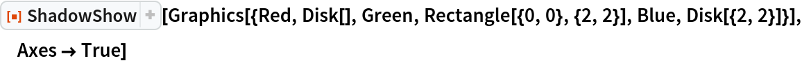 ResourceFunction["ShadowShow"][
 Graphics[{Red, Disk[], Green, Rectangle[{0, 0}, {2, 2}], Blue, Disk[{2, 2}]}], Axes -> True]